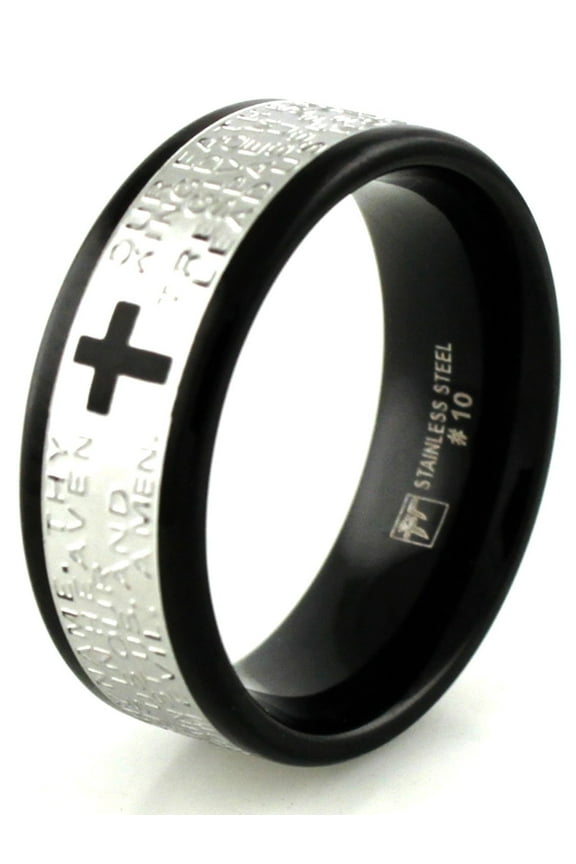 Two-Tone Tioneer Black Tioneer Stainless Steel Lord's Prayer Religious CZ Wedding Band Ring