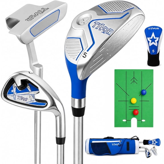 Tivor 3 Piece Junior Golf Club Set,Right Handed with Standbag and 1 Head Cover,Blue