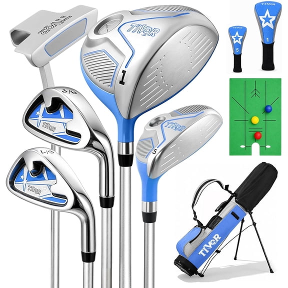 Tivor 5-Piece Kids Golf Club Set Left Hand for Ages 8-10 (52-58 Inch) - Complete Junior Golf Clubs with Stand Bag,Blue