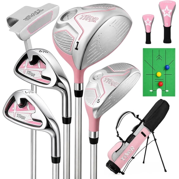 Tivor 5-Piece Kids Golf Club Set Right Hand for Ages 8-10 (52-58 Inch) - Complete Junior Golf Clubs with Stand Bag,Pink