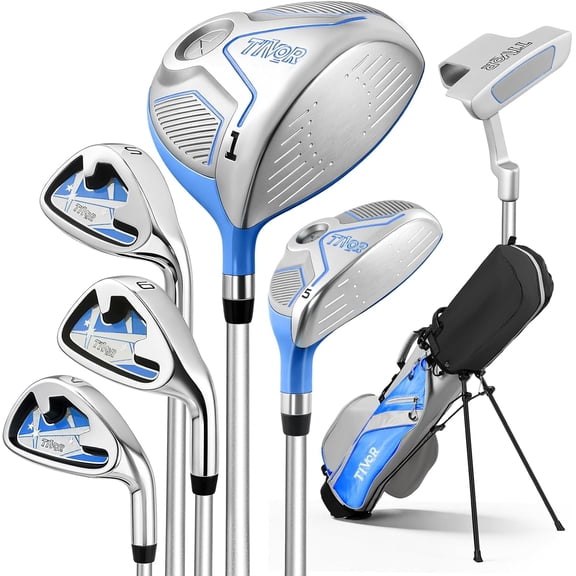 Tivor 6-Piece Junior Golf Club Set Left Handed Complete Golf set for Ages 9-12 (Height 58-64 Inches) with 400CC Driver, Stand Bag & Headcovers,Blue