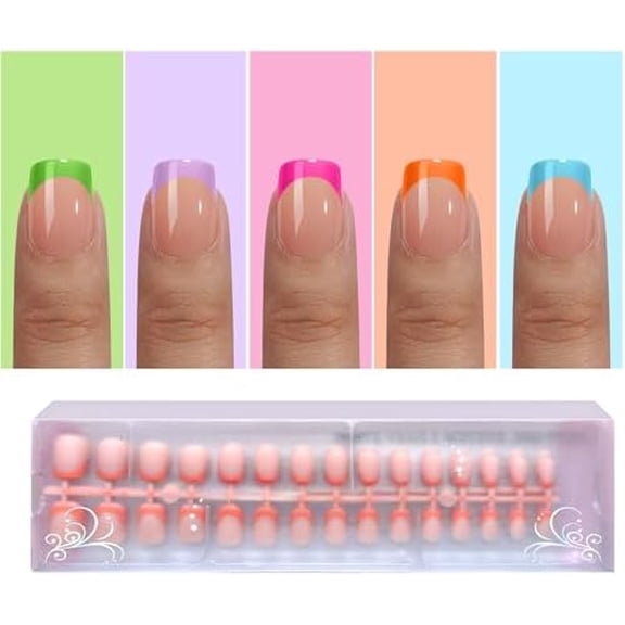 Tip Press Nails,Multicolo Press Nails Extra Short Square,No Need to File 4 in 1 Gel Tips Pre-lasting,Soak off False Tips for Women DIY Extension 15 Size
