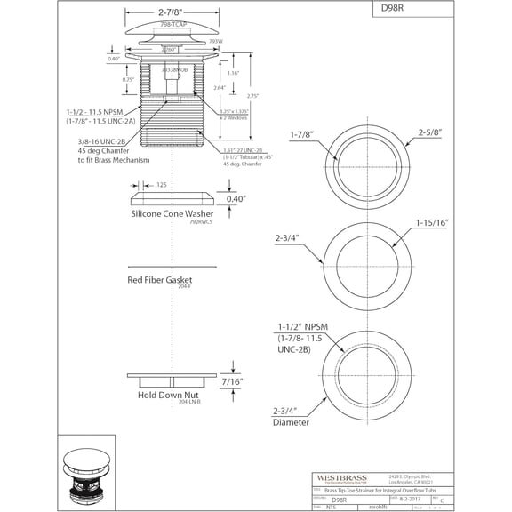 Tip-Toe Integrated Overflow Bath Drain Matte Black D98R-62