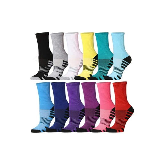Tipi Toe Ladies Cushioned Athletic Crew Socks with Arch Support, 12 Pairs