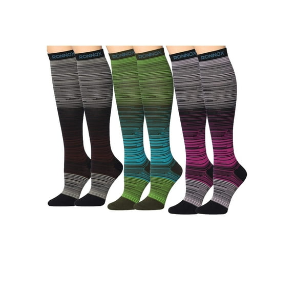 Tipi Toe 3-Pack Compression Socks for Men & Women Colorful Patterned Knee High Socks (12-14 mmHg)