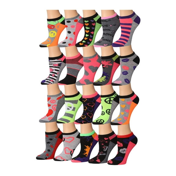 Tipi Toe Ladies' Fun Print No-Show Sock Collection - Multi-Pack (20 Pack)