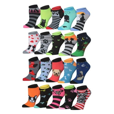 Tipi Toe Women's 20 Pairs Casual Fun Colorful Cat's & Dog's Fun Patterned Low Cut/No Show Multi-Pack Socks Size 9-11, WL22-AB-T1