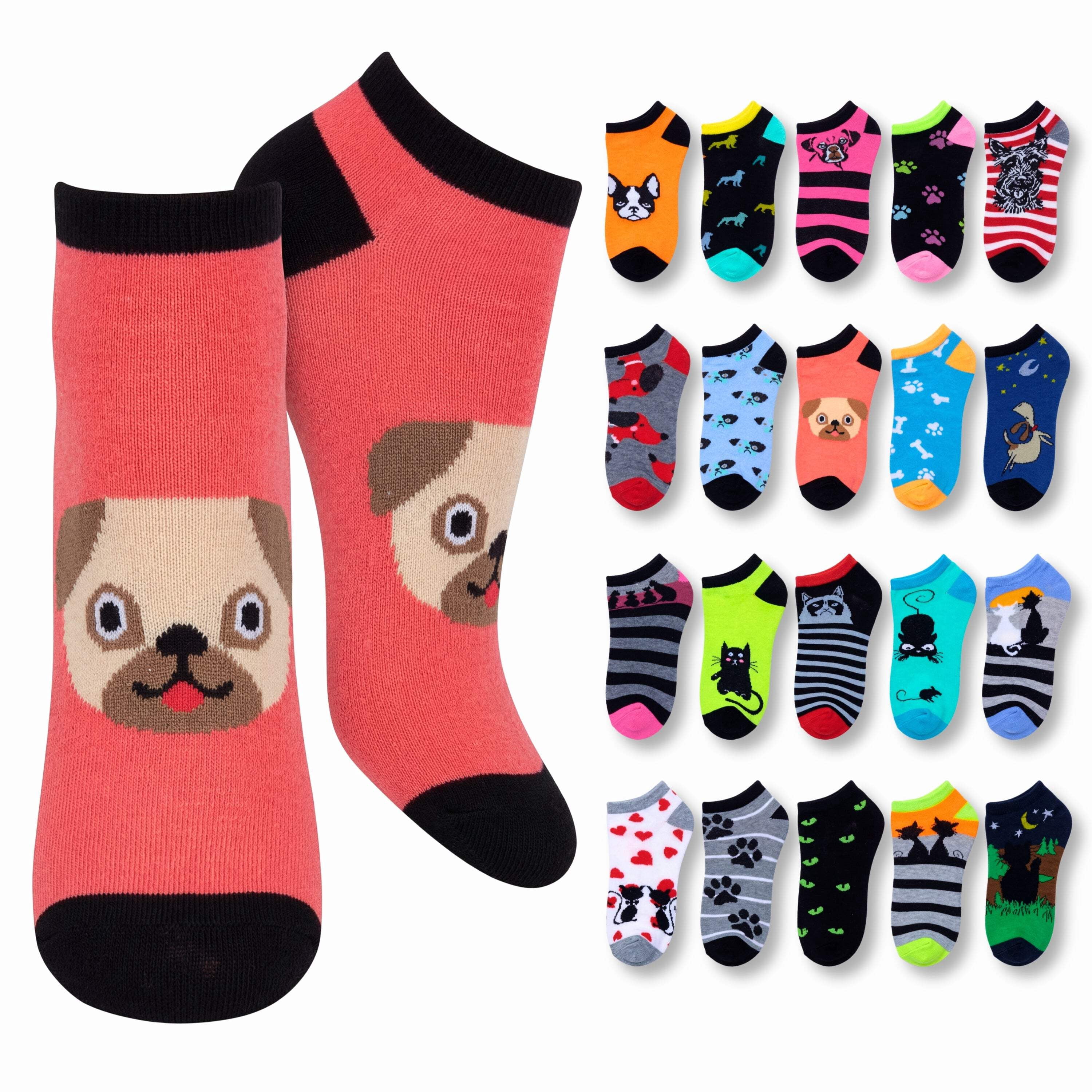 Tipi Toe Women's 20 Pairs Colorful Cat & Dog Patterned Low Cut No Show Socks, Size 9-11
