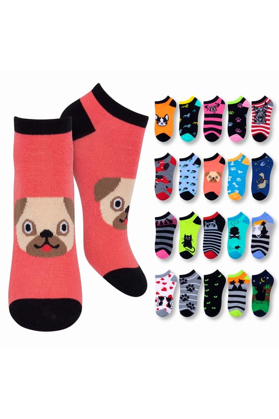 Tipi Toe Women's 20 Pairs Colorful Patterned Low Cut/No Show Socks Dog & Cat Characters