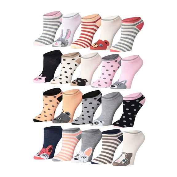 Tipi Toe Women's 20 Pairs Colorful Patterned Low Cut/No Show Socks WL23-AB