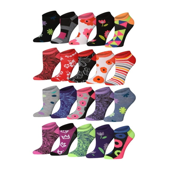 Tipi Toe Ladies' Fun Print No-Show Sock Collection - Multi-Pack (20 Pack)