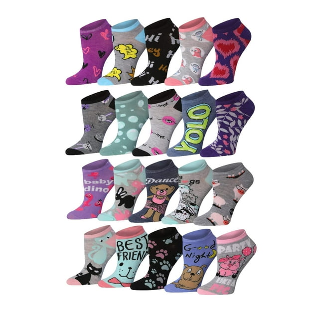 Tipi Toe Women's 20 Pairs Crazy Colorful Fun Patterned No Show Socks