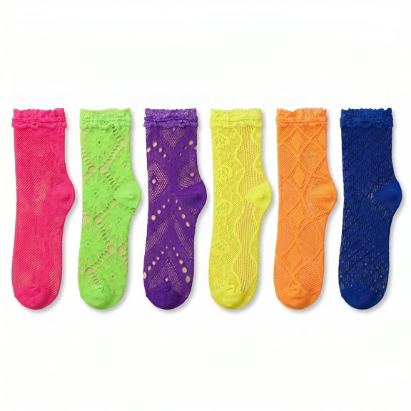 Tipi Toe Women's 6-Pack Fashion Fishnet Ankle Socks - Elegant Lace Pattern Mesh Dress Socks for Ladies