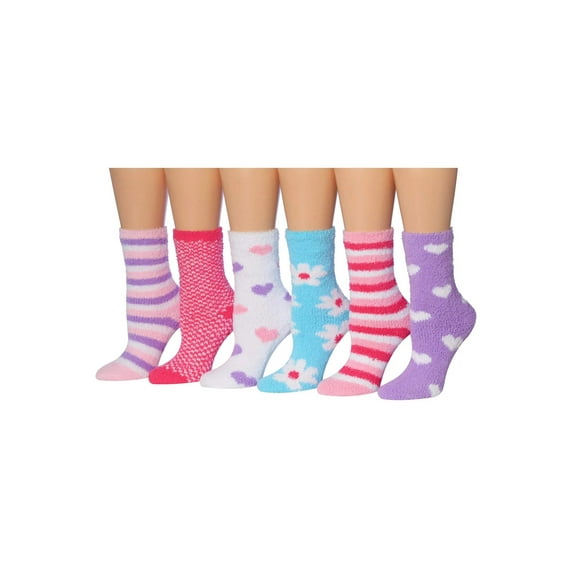 Tipi Toe Women's 6-Pairs Patterned Anti-Skid Soft Fuzzy Crew Socks, (Sock Size 9-11) Fits Shoe Size 6-9, FZ05