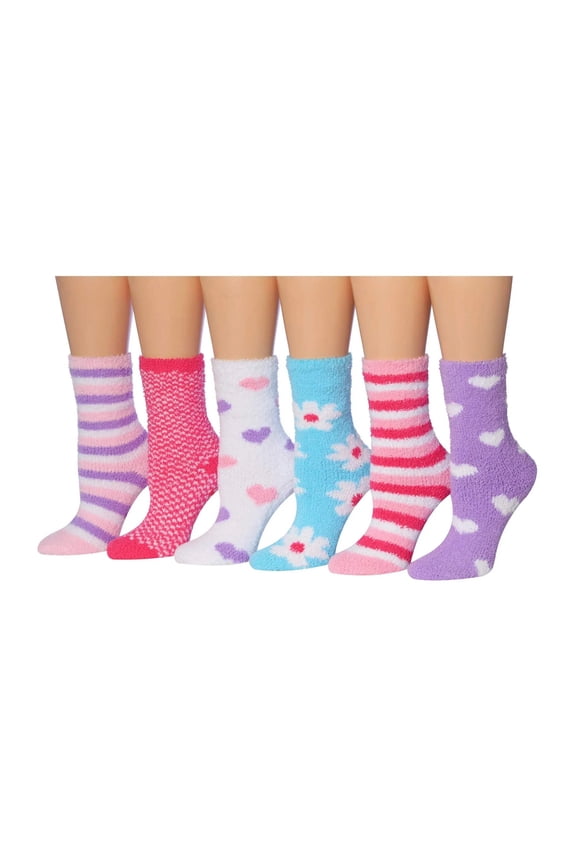 Tipi Toe Women's 6-Pairs Patterned Anti-Skid Soft Fuzzy Crew Socks, (Sock Size 9-11) Fits Shoe Size 6-9, FZ05