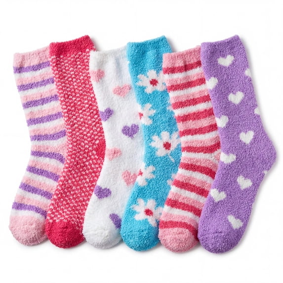Tipi Toe Women's 6-Pairs Patterned Anti-Skid Soft Fuzzy Crew Socks, (Sock Size 9-11) Fits Shoe Size 6-9, FZ05