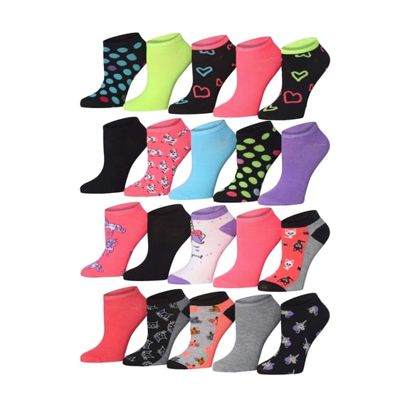 Tipi Toe Women's & Girls 20 Pairs Colorful Patterned No Show Socks For Women