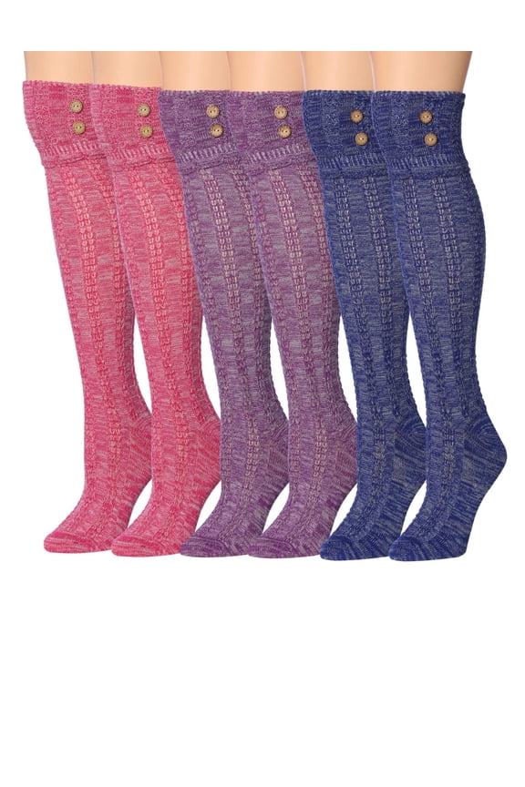 Women’s Winter Warm Boot Socks – 3 Pairs Knee-High/Over-the-Knee Style with Buttons, Cotton Blend
