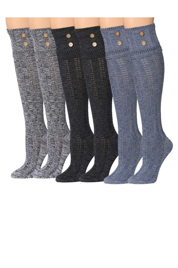 Women’s Winter Warm Boot Socks – 3 Pairs Knee-High/Over-the-Knee Style with Buttons, Cotton Blend