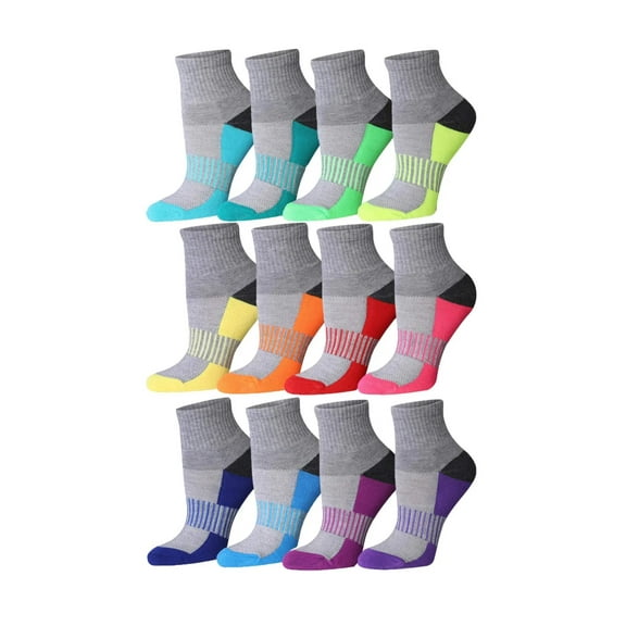 Tipi Toe Athletic Quarter Length Socks Women's Colorful Workout Pack (12 Pairs)