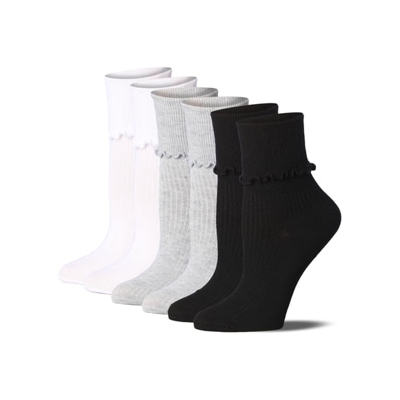 Tipi Toe Womens Classic White/Grey/Black Ruffle Trim Quarter Socks - 3 Pair Pack