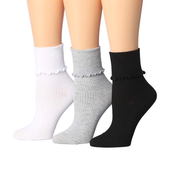 Tipi Toe Womens Classic White/Grey/Black Ruffle Trim Quarter Socks - 3 Pair Pack