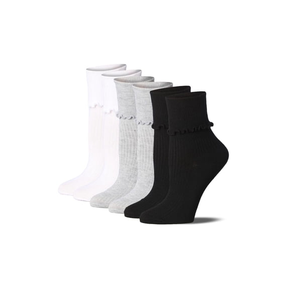 Tipi Toe Womens Classic White/Grey/Black Ruffle Trim Quarter Socks - 6 Pair Pack