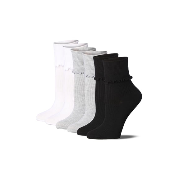 Tipi Toe Womens Classic White/Grey/Black Ruffle Trim Quarter Socks - 6 Pair Pack