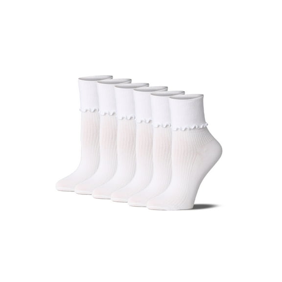 Tipi Toe Womens Classic White Ruffle Trim Quarter Socks - 6 Pair Pack