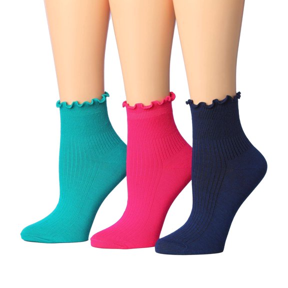 Tipi Toe Womens Elegant Ruffle Trim Ankle Socks 3-Pack