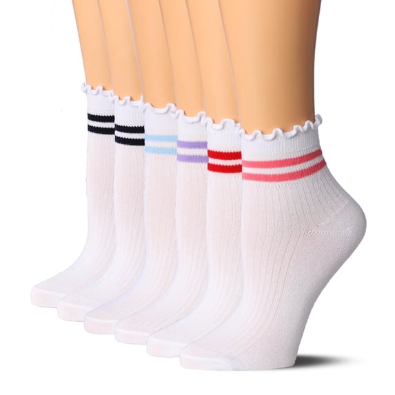 Tipi Toe Womens Elegant Ruffle Trim Ankle Socks 6-Pack