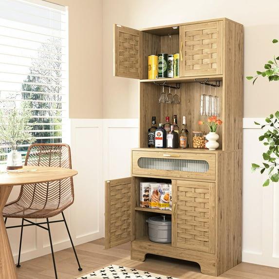 Charming Gold Handles & Wood Finish - Freestanding Farmhouse Pantry Buffet Cabinet for Dining Room Storage