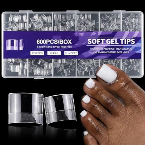 Tips, 600 count Soft Gel Toenail Tips Short Square Nails, Clear False Tips 12 Sizes Tips for Nails Extension