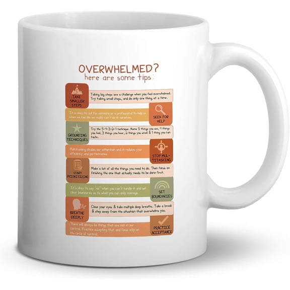 Tips for Overwhelmed Mental Health Coffee Mug,11 Ounce Double-Sided Ceramic Mug Cup for Coffee Tea Milk,Daily Affirmations Art Gifts,Psychologist Counselor Teens Students Gifts