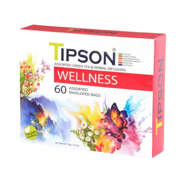 Tipson Assorted Wellness Green Tea and Herbal Infusion 60 Enveloped Bags