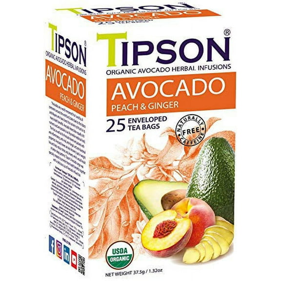 Tipson Avocado Peach and Ginger | Caffeine Free | All Natural Ingredients | USDA Organic | 25 Enveloped Tea Bags