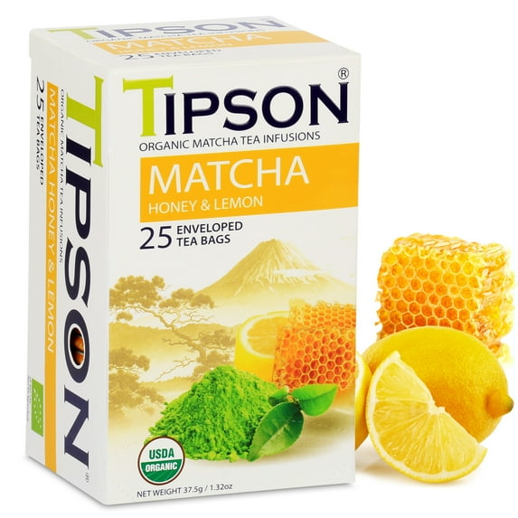 Tipson Organic Matcha Green Tea - Honey Lemon Flavor - 25 Foil Enveloped Double Chambered Bags - Antioxidant Benefits - Energy Supplement - Keto/Paleo