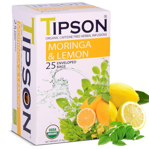 Tipson Organic Moringa Caffeine Free Herbal Tea - Lemon Flavor - 25 Foil Enveloped Double Chambered Bags - Antioxidant Lift - Superfood Tea - Keto/Paleo