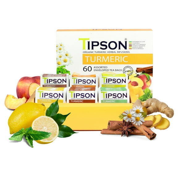 Tipson Organic Turmeric Herbal Tea - 6 Assorted Flavors - 60 Foil Enveloped Double Chambered Bags - Antioxidant Superfood - Caffeine Free - NonGMO - Gluten Free