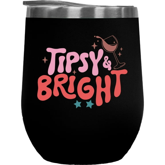 Tipsy & Bright, Drinking Wine & Christmas Season Art Merch Gift, Black 12oz Wine Tumbler