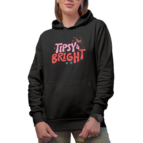 Tipsy & Bright, Drinking Wine & Christmas Season Art Merch Gift, Black Hooded Sweatshirt or Hoodie, 2XL