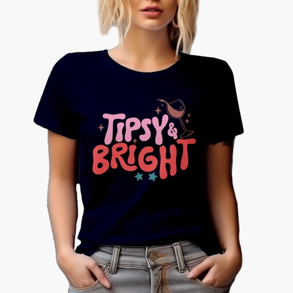 Tipsy & Bright, Drinking Wine & Christmas Season Art Merch Gift, Navy Blue T-Shirt, Small