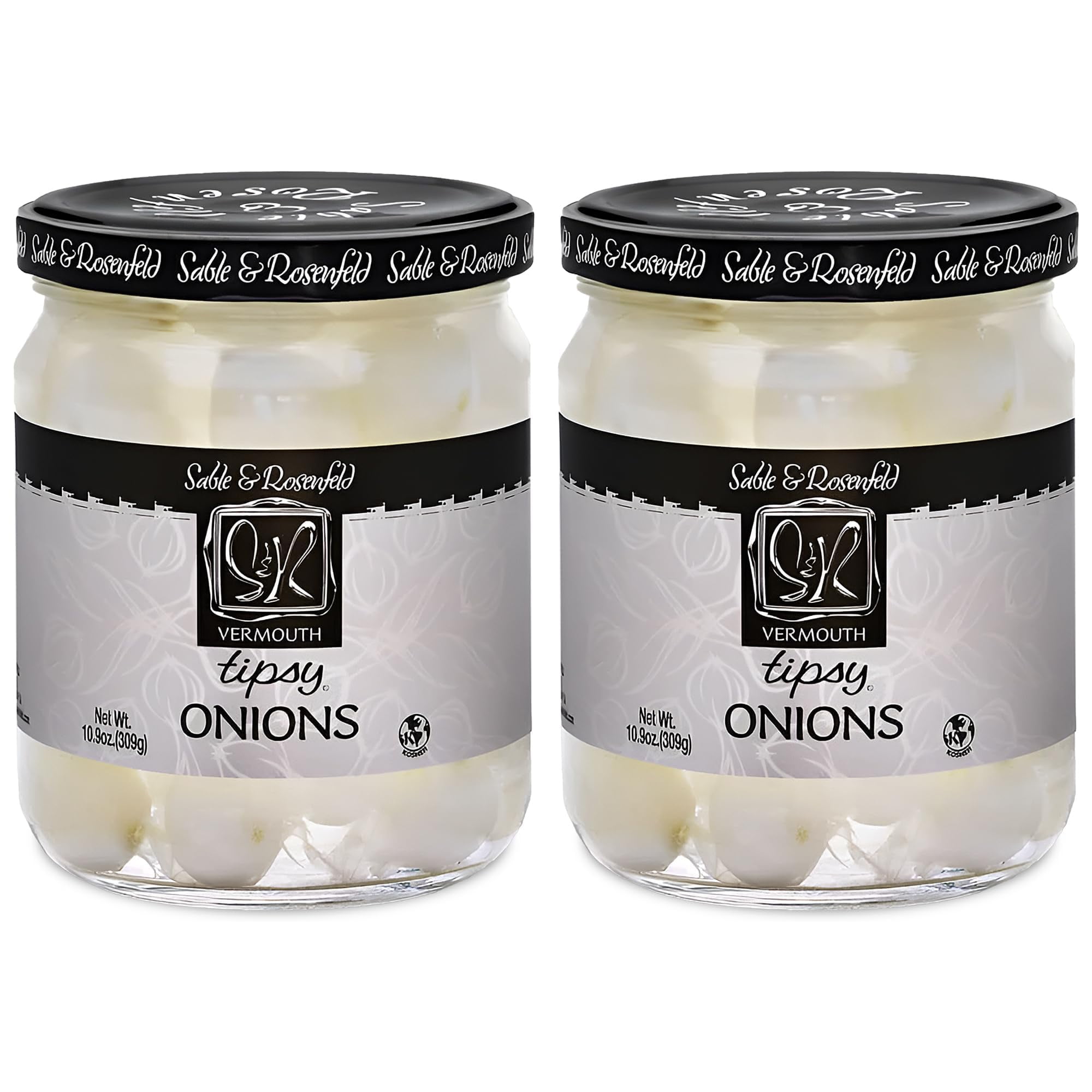 Tipsy Cocktail Onions in Jar with KKS1&nbsp;French Vermouth - Pickled Silverskin Onions for Cocktails, Appetizers, and Hors d'Oeuvres, Kosher Parve - Sable & Rosenfeld - 10.9 oz - Pack of 2
