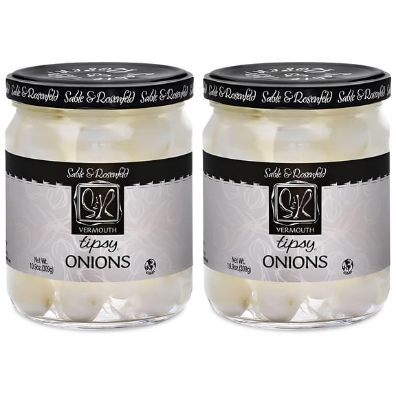 Tipsy Cocktail Onions in Jar with KKS1French Vermouth - Pickled Silverskin Onions for Cocktails, Appetizers, and Hors d'Oeuvres, Kosher Parve - Sable & Rosenfeld - 10.9 oz - Pack of 2