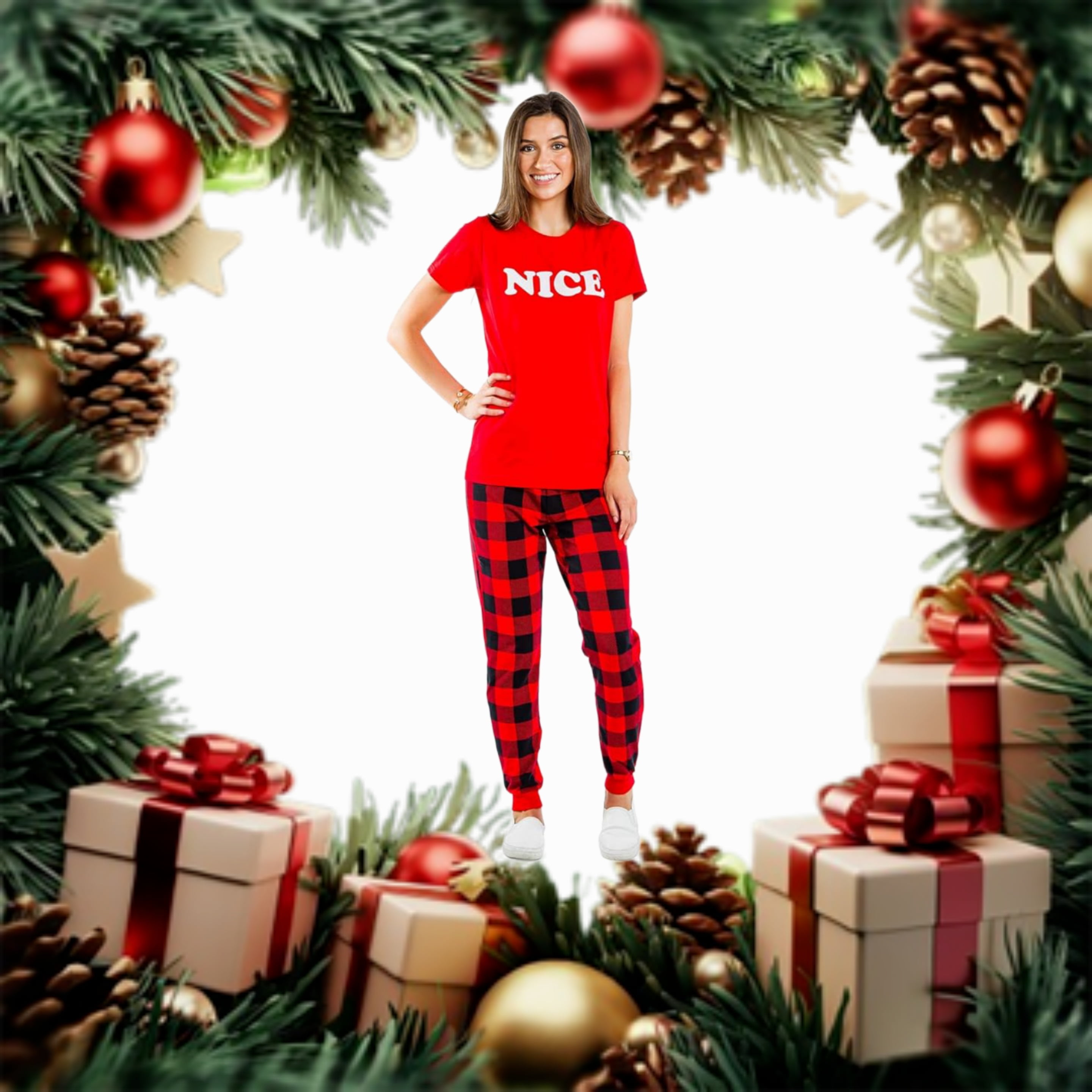 Tipsy Elves Christmas Holiday Pajama Set - Ladies Small "Nice" with Short Sleeve Shirt & Plaid PJ Pants