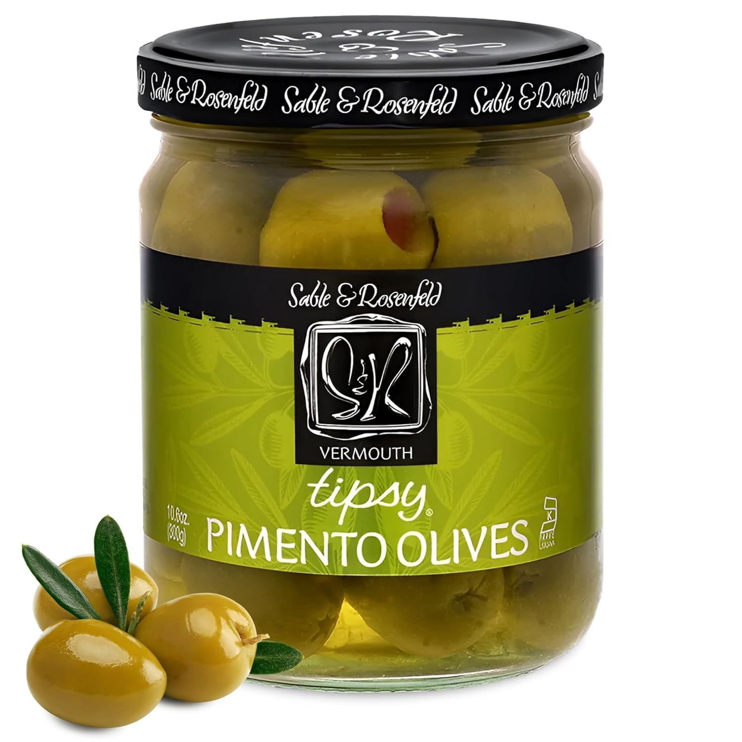 Tipsy Olives - Green Olives Stuffed with Pimento - Colossal Cocktail Olives with French Vermouth for Mary Condiments, Martini Stuffed Olives - 10.6 oz (Pack 1)