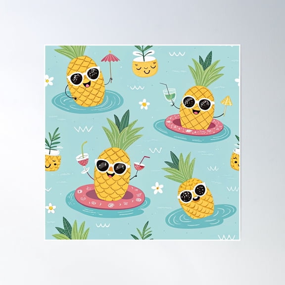 Tipsy Pineapples: Fun Tropical Seamless Pattern Poster Wall Art, Modern Wall Decor, 24x36 UNFRAMED