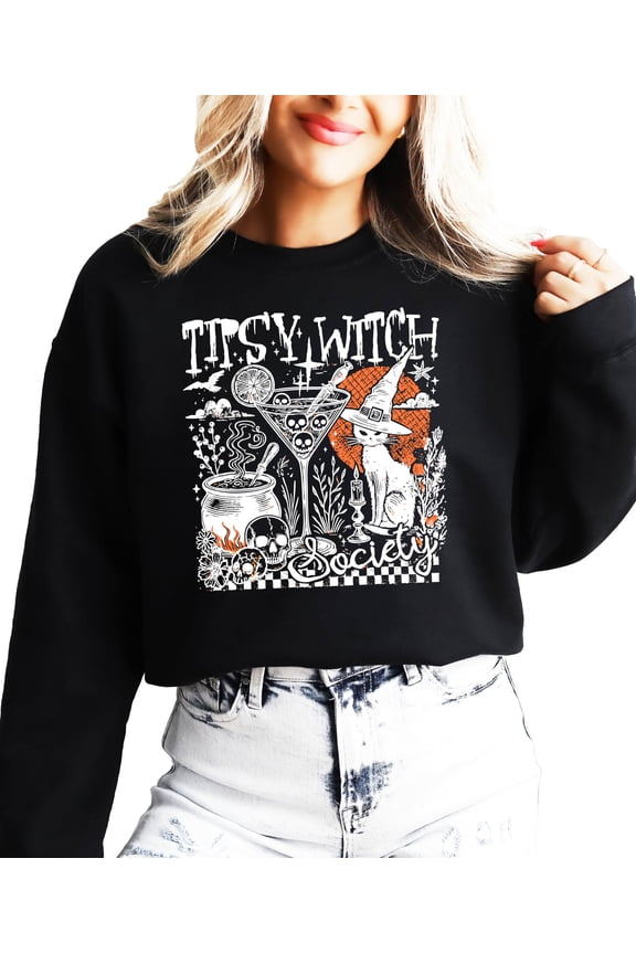 Tipsy Witch Society Halloween Sweatshirt for Women Funny Witchy Cocktail & Black Cat Sweater Black Sweatshirt Adult Medium