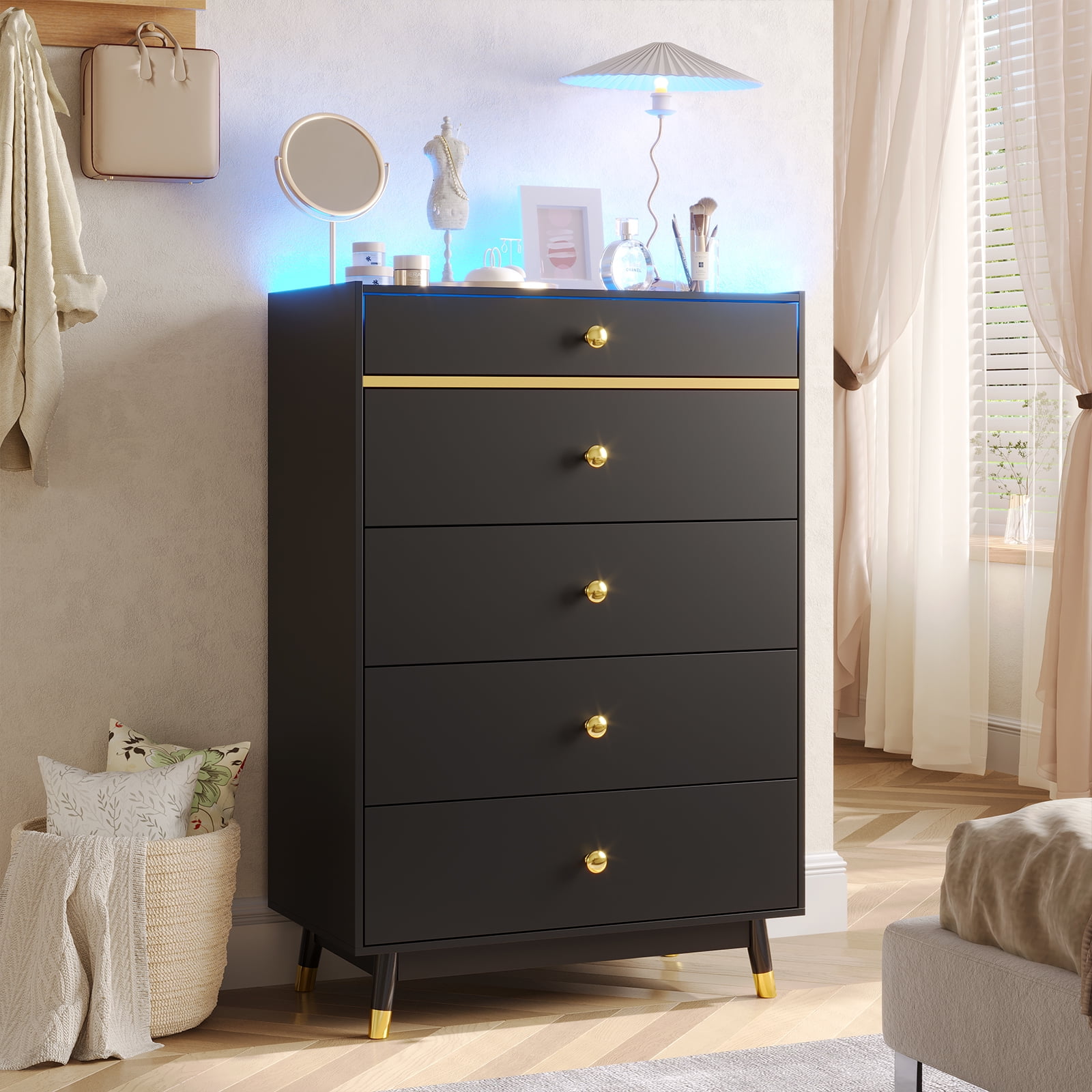 Tiptiper 5 Drawer Dresser for Bedroom with Glass Top, Dressers and Chests of Drawers with Led