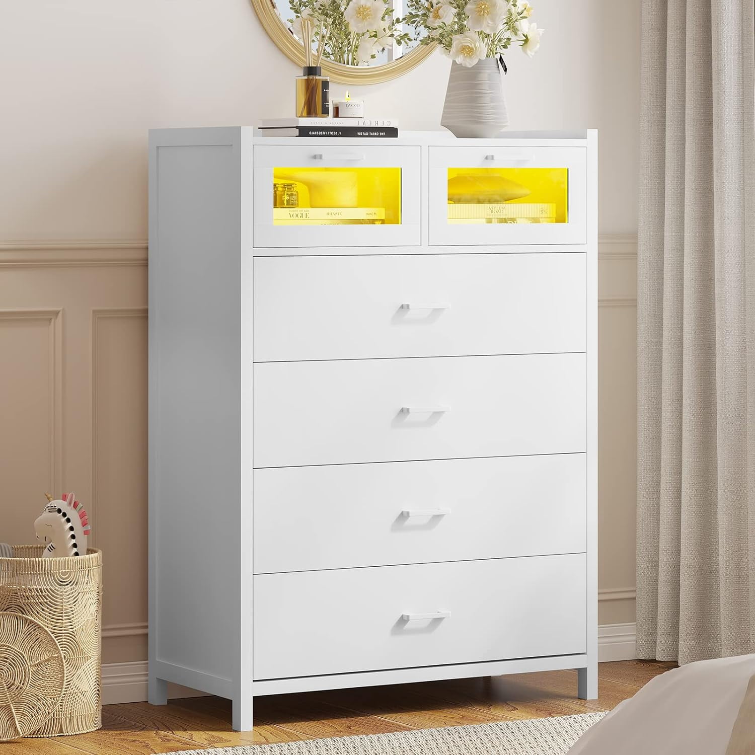 AOGLLATI 6 Drawer Dresser for Bedroom with LED Lights, Storage